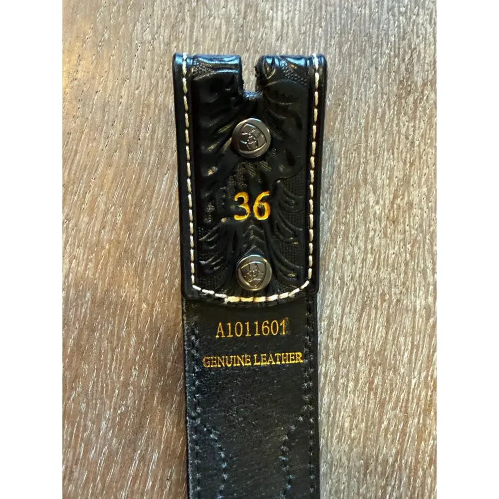 ARIAT Black Leather Silver Buckle Western Cowboy Belt Men size 36